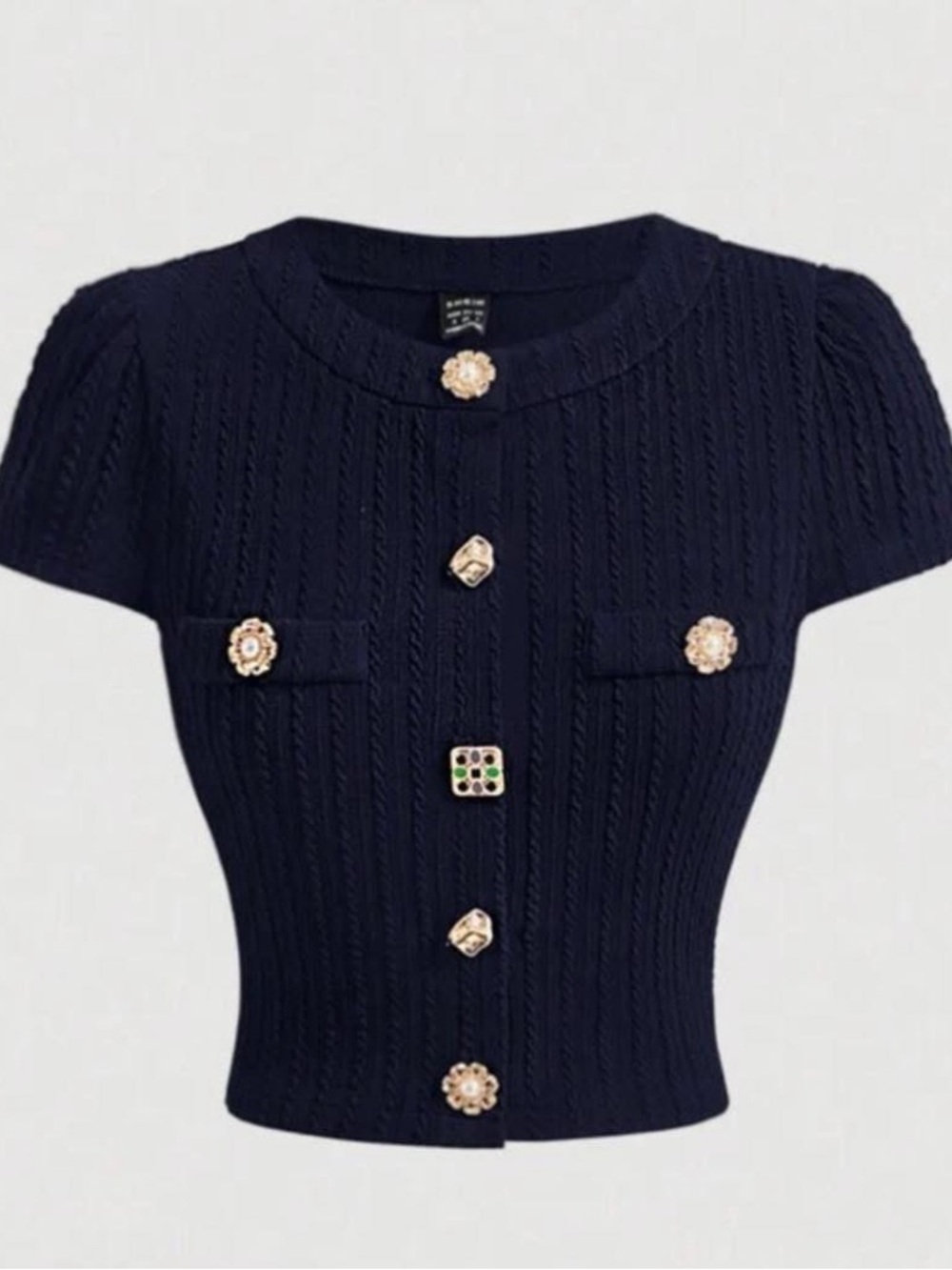 Black Knit Short-Sleeve Cropped Cardigan with Decorative Buttons
